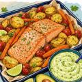 Oven-Baked Salmon with Potatoes and Avocado Yoghurt Sauce