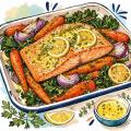 Salmon with Roasted Carrots, Onion, and Greens
